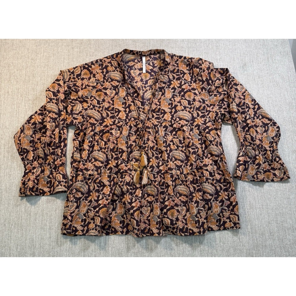 Rock flower paper Womens L Boho Peasant Blouse Floral Tunic Top Tassel Cotton